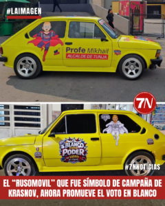 El “Rusomóvil” que usó Krasnov en el 2023 en campaña reaparece en Tunja promoviendo el voto en blanco.