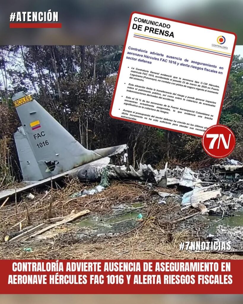 Contraloría advierte ausencia de aseguramiento en aeronave Hércules FAC 1016 y alerta riesgos fiscales en sector defensa.