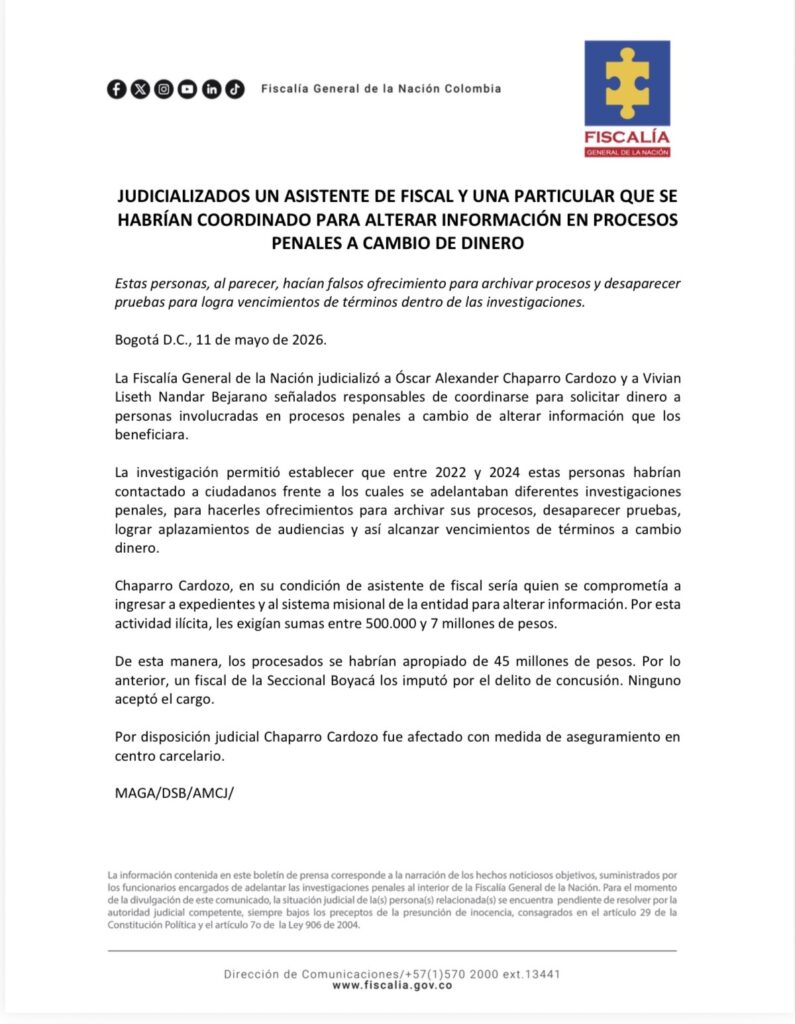 Comunicado oficial Fiscalía General de la Nación